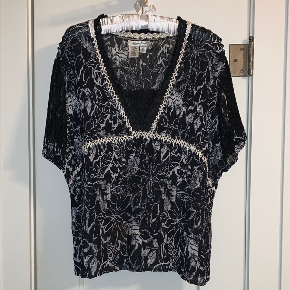 ColdWater Creek Dressy Blouse: Popover, Lace & Trim Sleeves, V-neck & Lace Inset